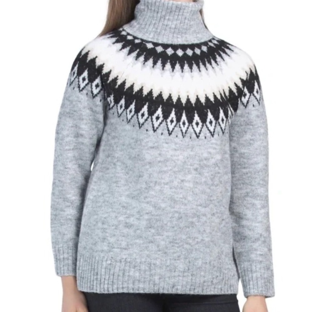 NWT Aspen Women Grey Fair Isle Turtleneck Sweater Pullover Knit Winter Grey‎ Blk